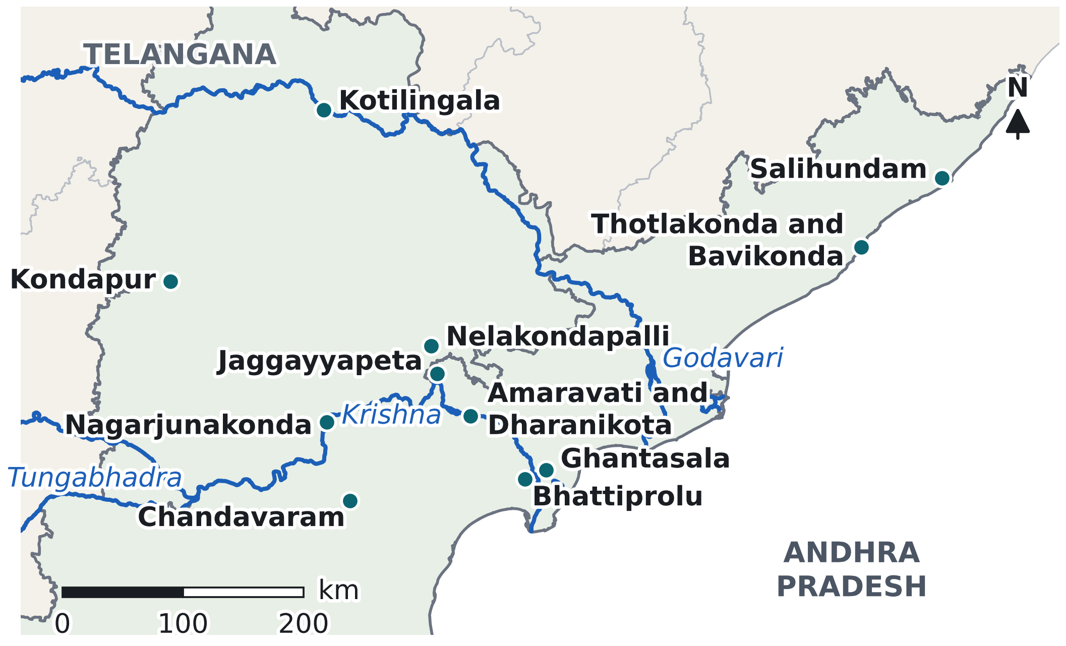 Map of Andhra Pradesh and Telangana showing the Godavari, Krishna and Tungabhadra rivers and eleven labelled early historic sites, from Kotilingala in the north-west to Salihundam in the north-east coast.