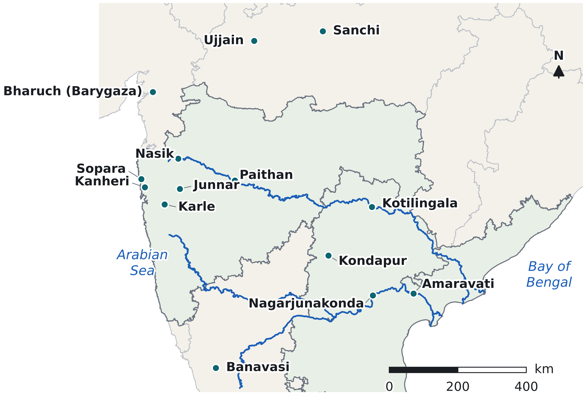 Map of central and southern India showing the Godavari, Krishna and Tungabhadra rivers and fourteen labelled places from Bharuch and Nasik in the west to Amaravati and Nagarjunakonda in the east.