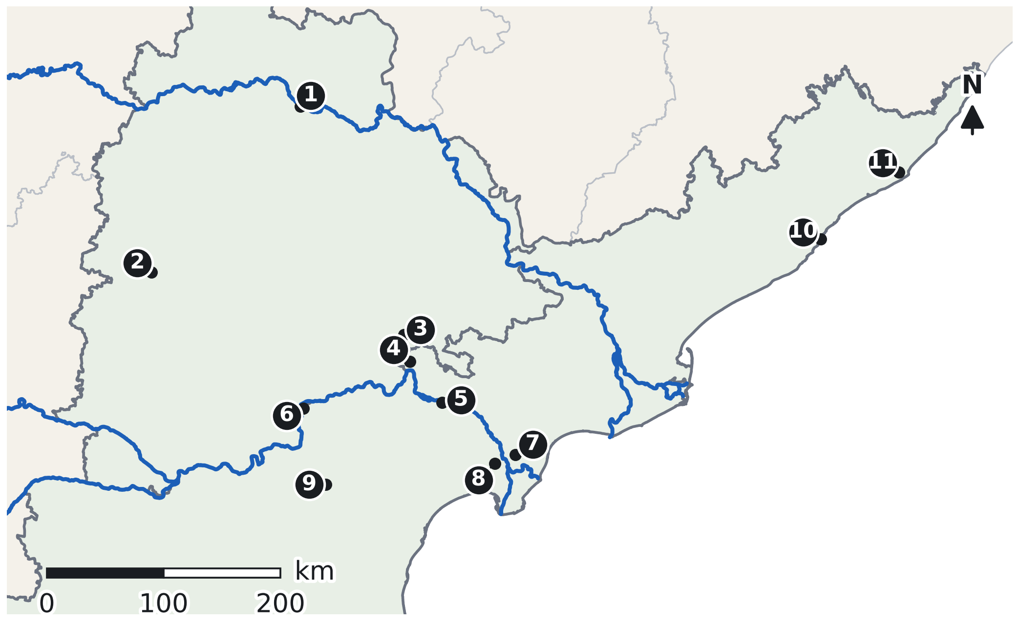 Map of Andhra Pradesh and Telangana with the Godavari, Krishna and Tungabhadra rivers and eleven red points numbered from 1 in the north-west to 11 in the north-east coast.