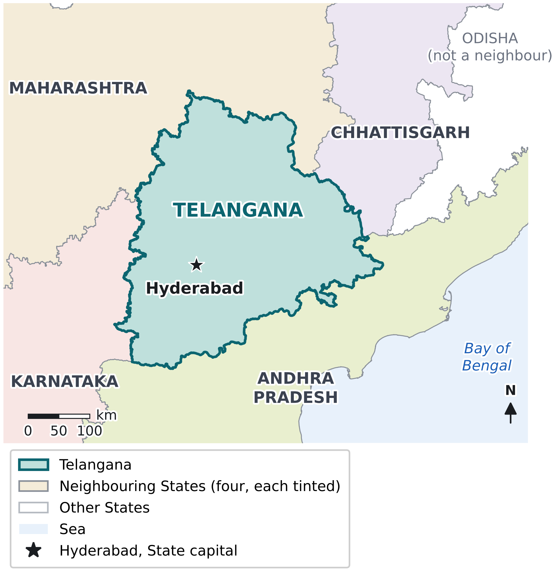 Map showing Telangana in the centre with Maharashtra to the north and north-west, Chhattisgarh to the north-east, Andhra Pradesh to the east and south, and Karnataka to the west; Hyderabad is marked with a star and Odisha is labelled as not a neighbour.