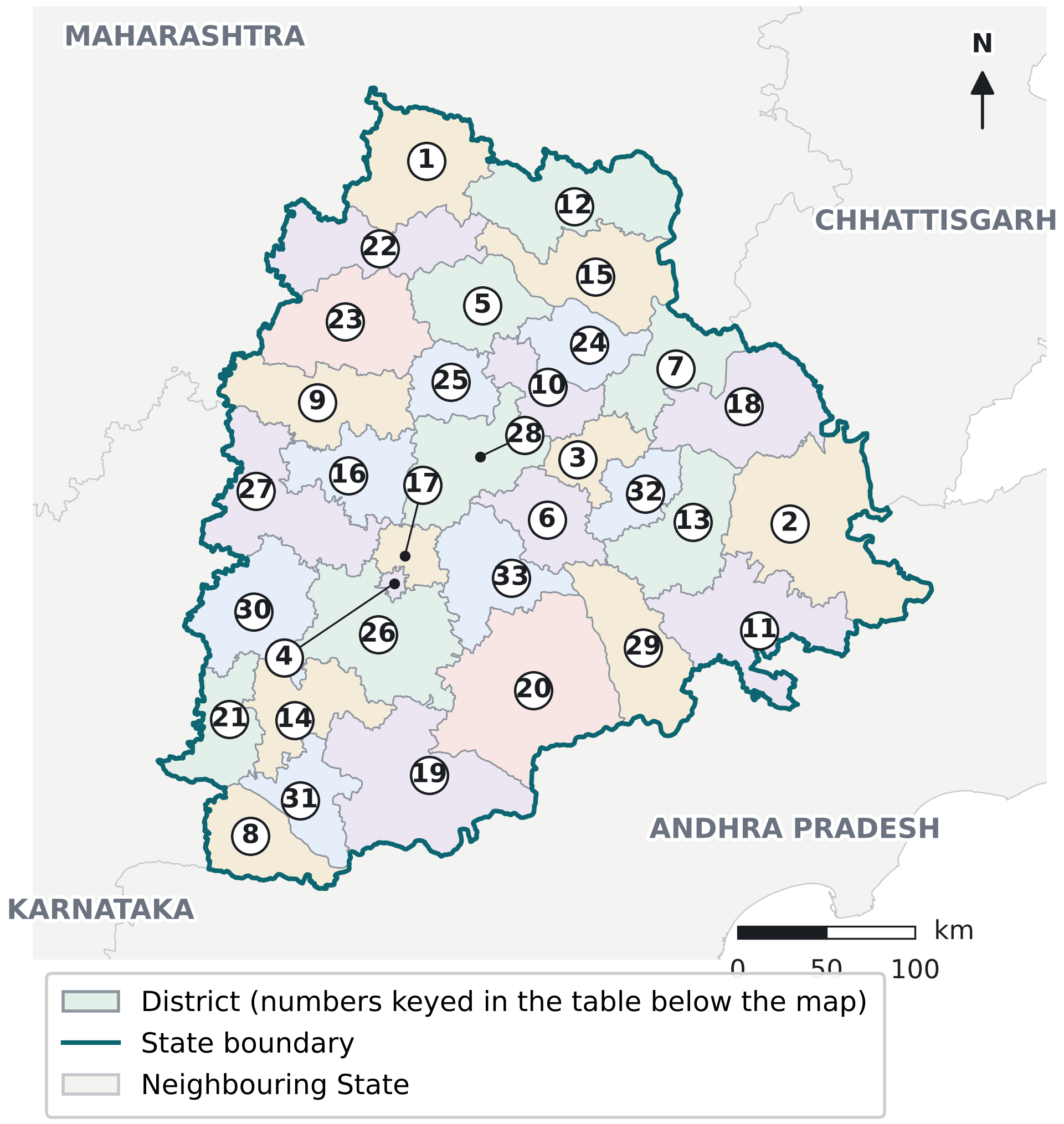 Map of Telangana divided into 33 numbered districts, with Maharashtra, Chhattisgarh, Andhra Pradesh and Karnataka shown around it. Hyderabad, number 4, is the small district near the centre-west.