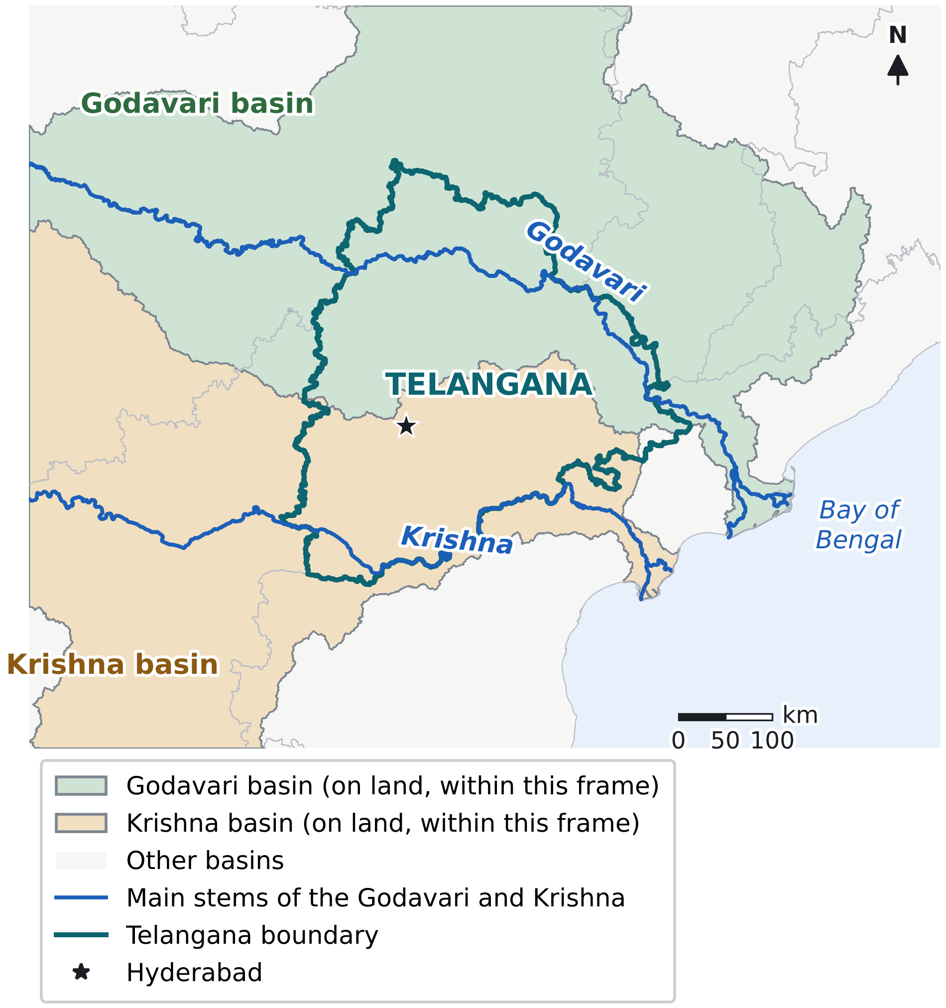 Map of the central Deccan showing the Godavari basin in green across northern Telangana and the Krishna basin in brown across southern Telangana, with the two rivers flowing east to the Bay of Bengal through Andhra Pradesh.