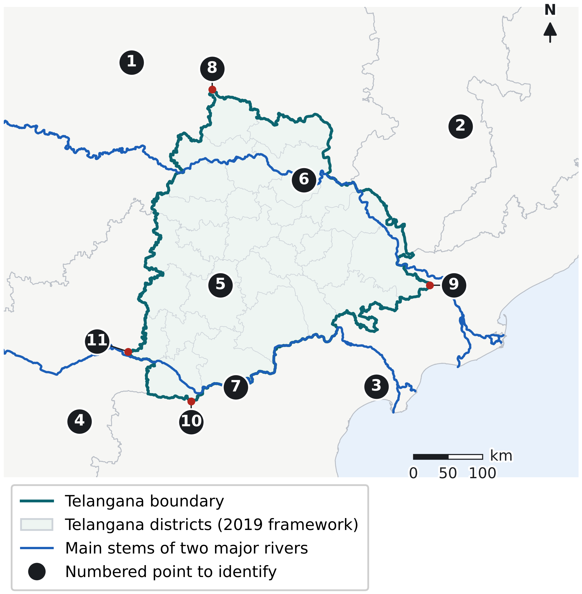 Practice map of Telangana and its surroundings with eleven numbered black circles marking neighbouring States, Hyderabad, two rivers and the four extreme points, plus a north arrow and scale.