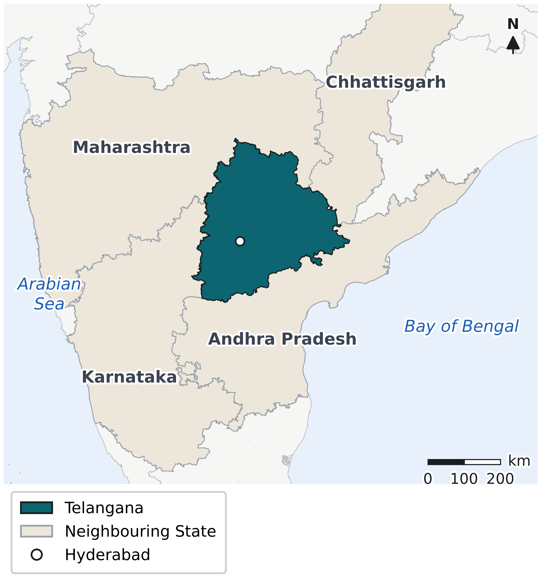 Small map of southern and central India with Telangana shaded dark teal, its four neighbouring States tinted beige and Hyderabad marked.